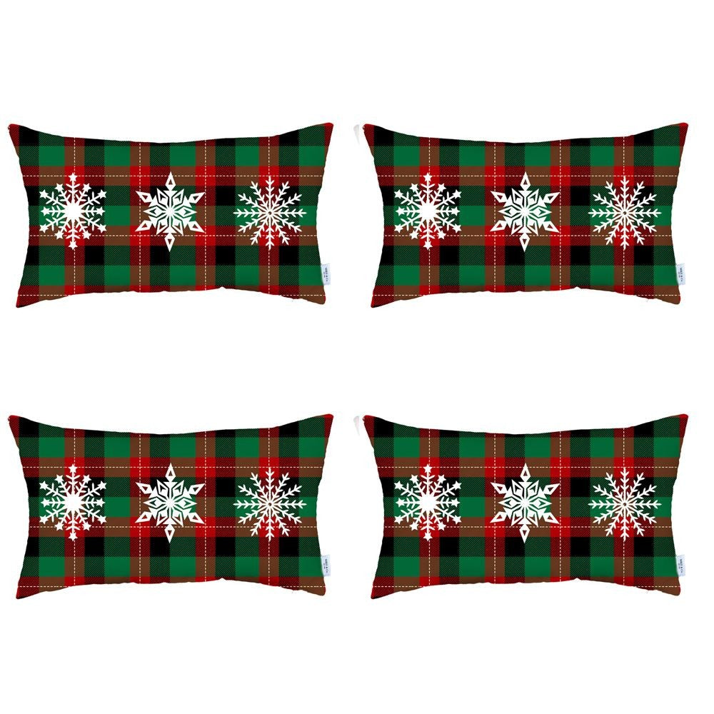 Set of 4 Christmas Snowflake Trio Plaid Lumbar Throw Pillows - 99fab 