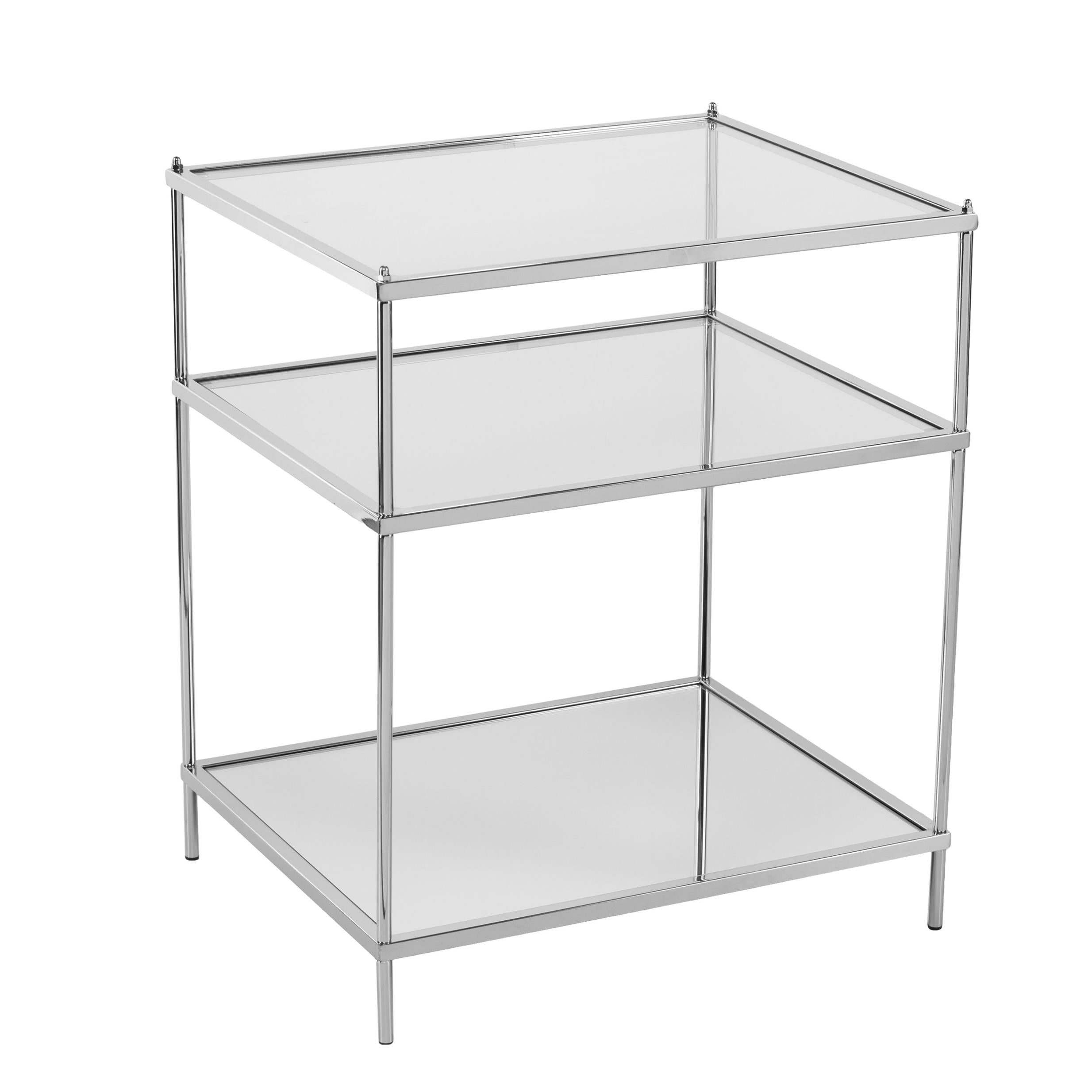 27" Chrome Glass And Iron Rectangular Mirrored End Table With Shelf