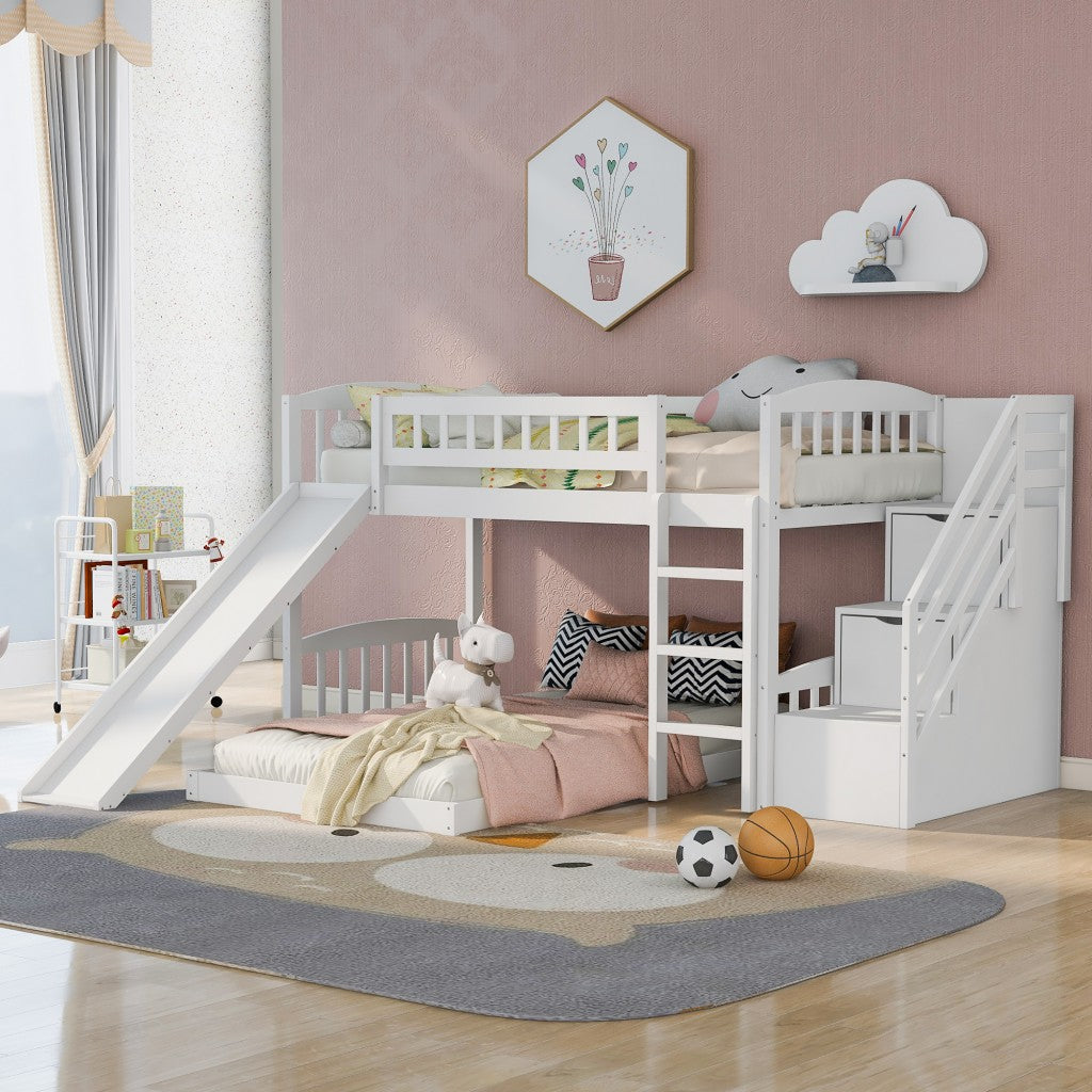 White Twin Over Twin Perpendicular Bunk Bed with Storage Stairs and Slide - 99fab 