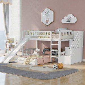 White Twin Over Twin Perpendicular Bunk Bed with Storage Stairs and Slide