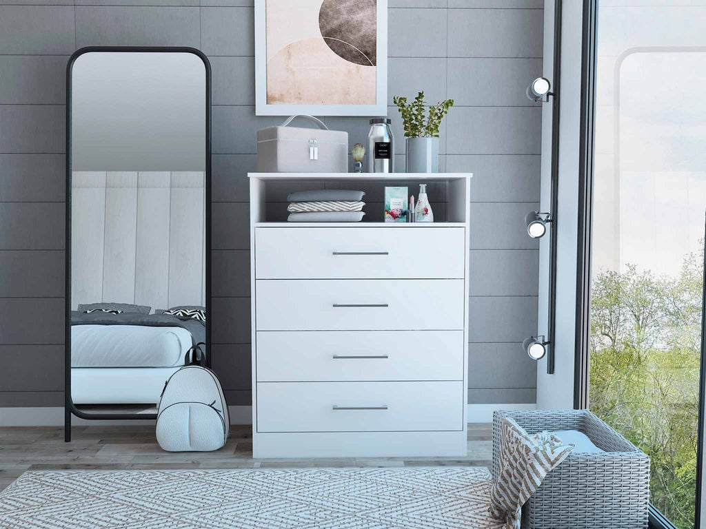 Modern White Four Drawer Dresser with Hutch - 99fab 