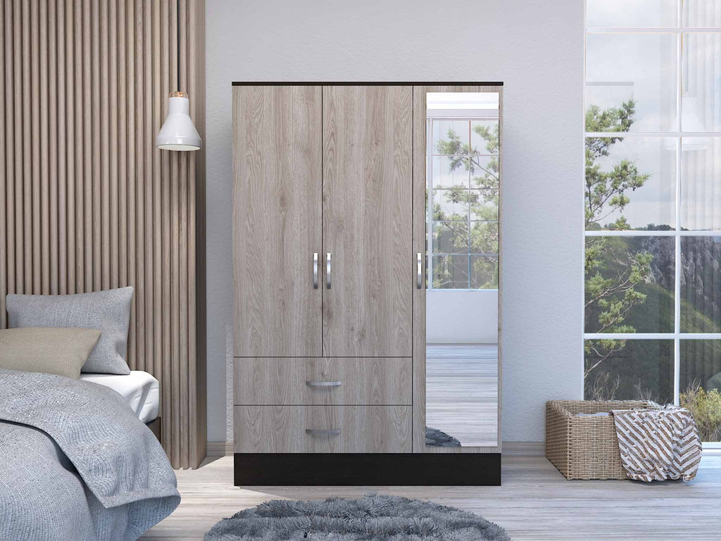 Light Oak and Black Three Door Wardrobe Closet with Mirror - 99fab 