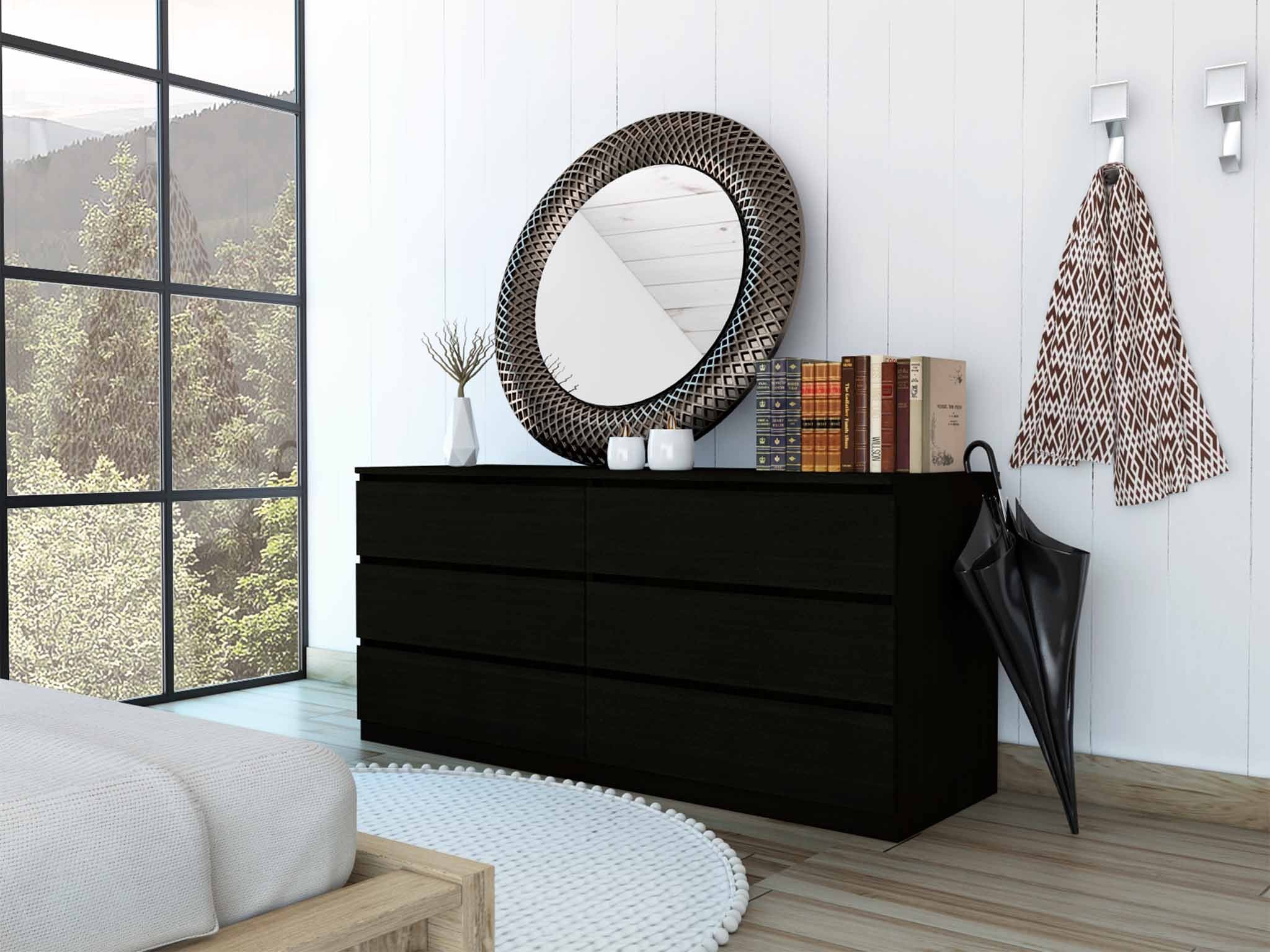 60" Black Six Drawer Double Dresser