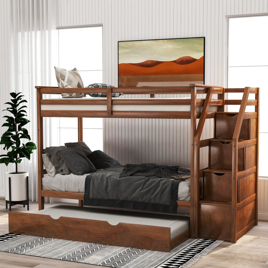 Walnut Twin Over Twin Bunk Bed with Trundle - 99fab 