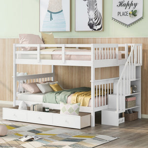 White Double Full Size Stairway Bunk Bed With Drawer