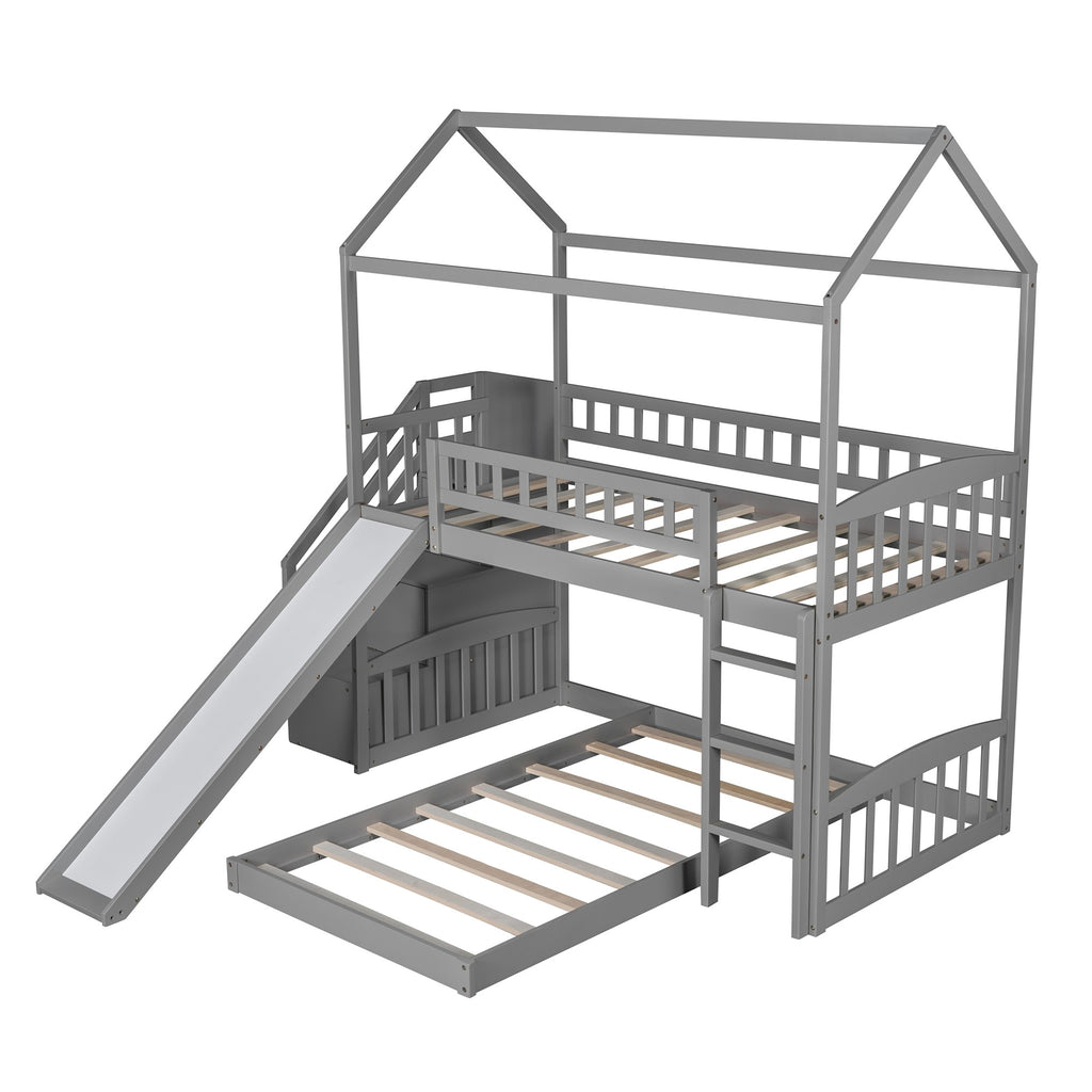 Gray Twin Over Twin PlayHouse Perpendicular Bunk Bed with Slide - 99fab 