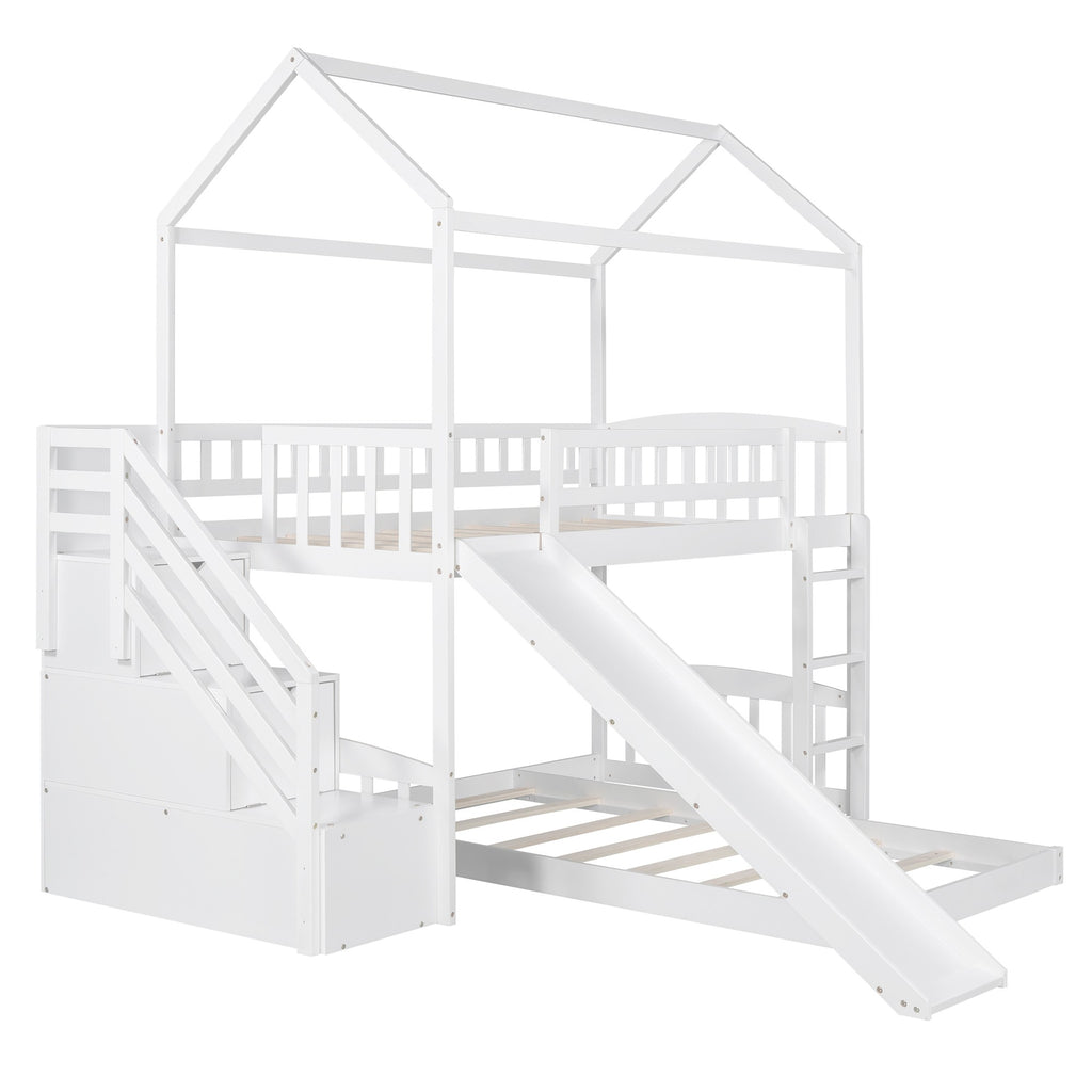 White Twin Over Twin PlayHouse Perpendicular Bunk Bed with Slide - 99fab 