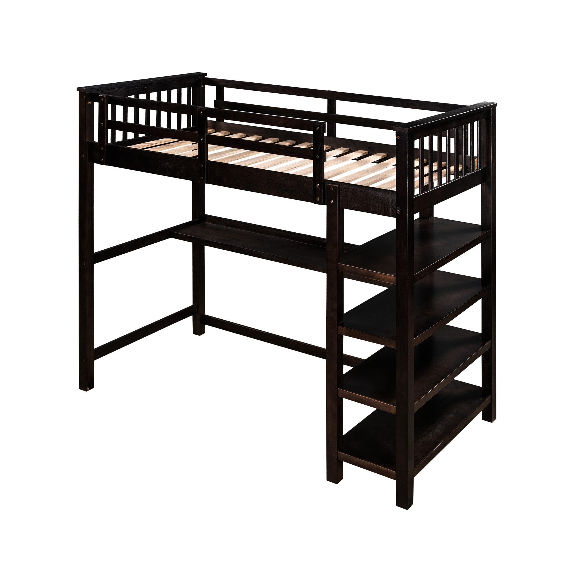 Espresso Twin Size Wood Loft Bed with Storage Shelves and Desk