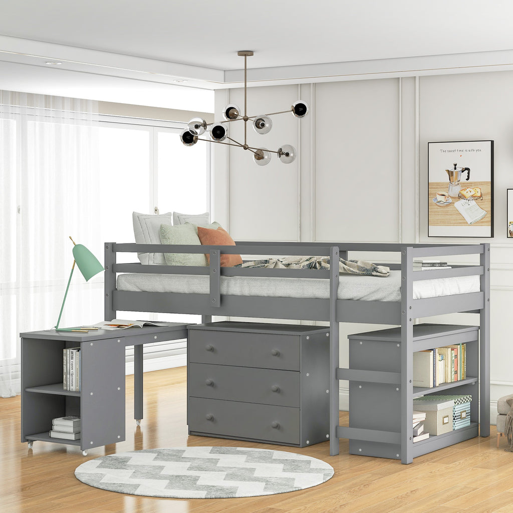 Gray Low Twin Loft Bed With Cabinet and Desk - 99fab 