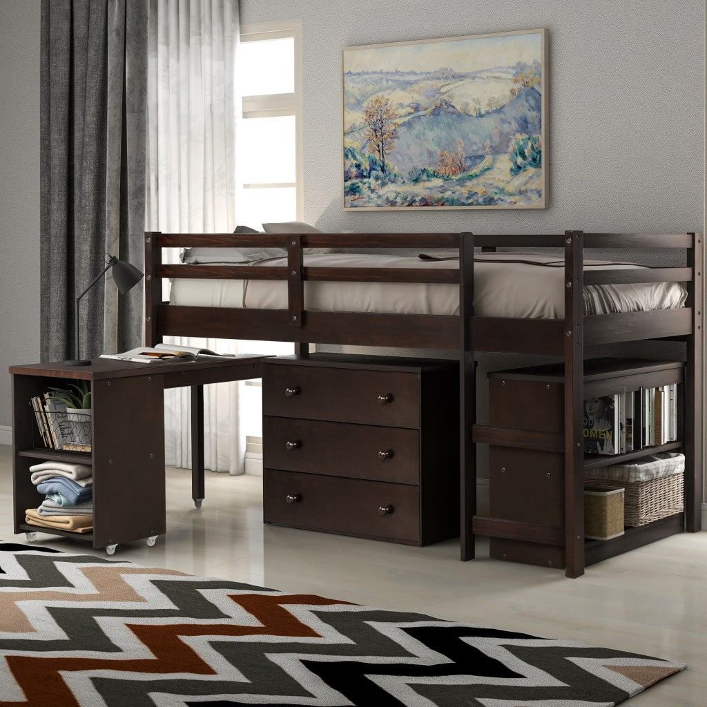 Brown Low Twin Loft Bed With Cabinet and Desk - 99fab 