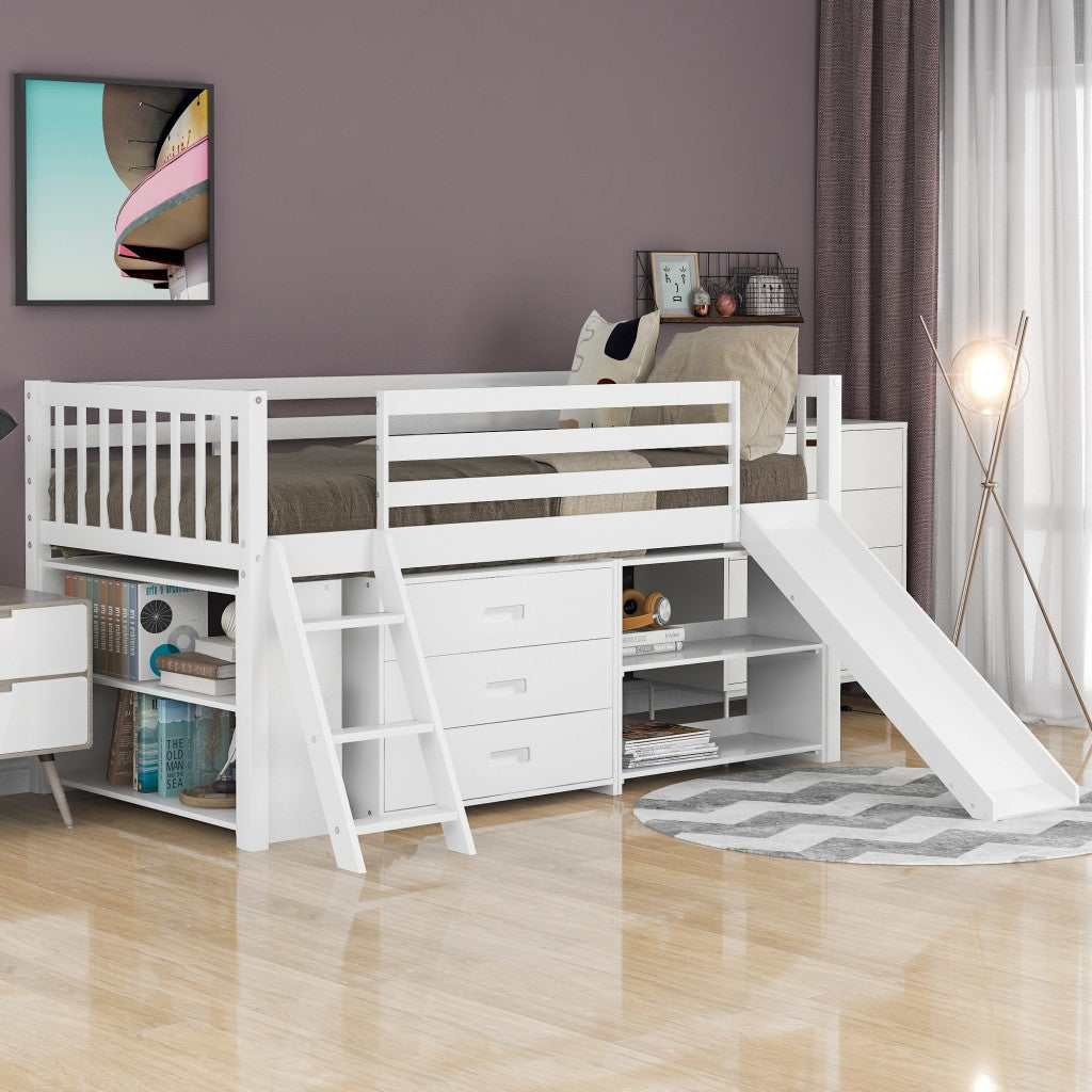 White Twin Loft Bed With Cabinet and Shelves - 99fab 