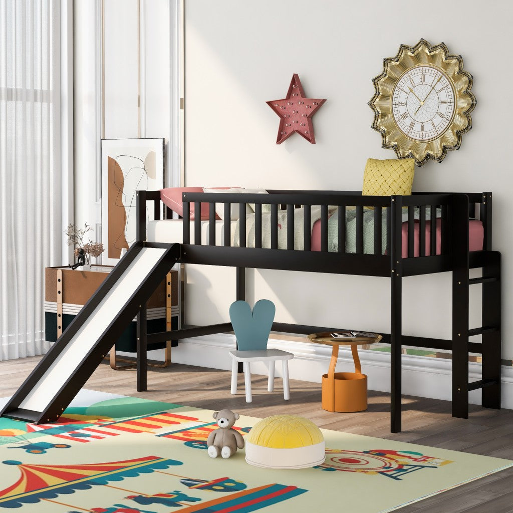 Dark Brown Twin Size Loft Bed with Slide