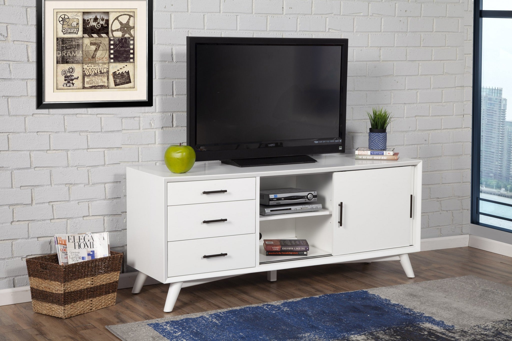 64" White Mahogany Solids Okoume And Veneer Open Shelving TV Stand