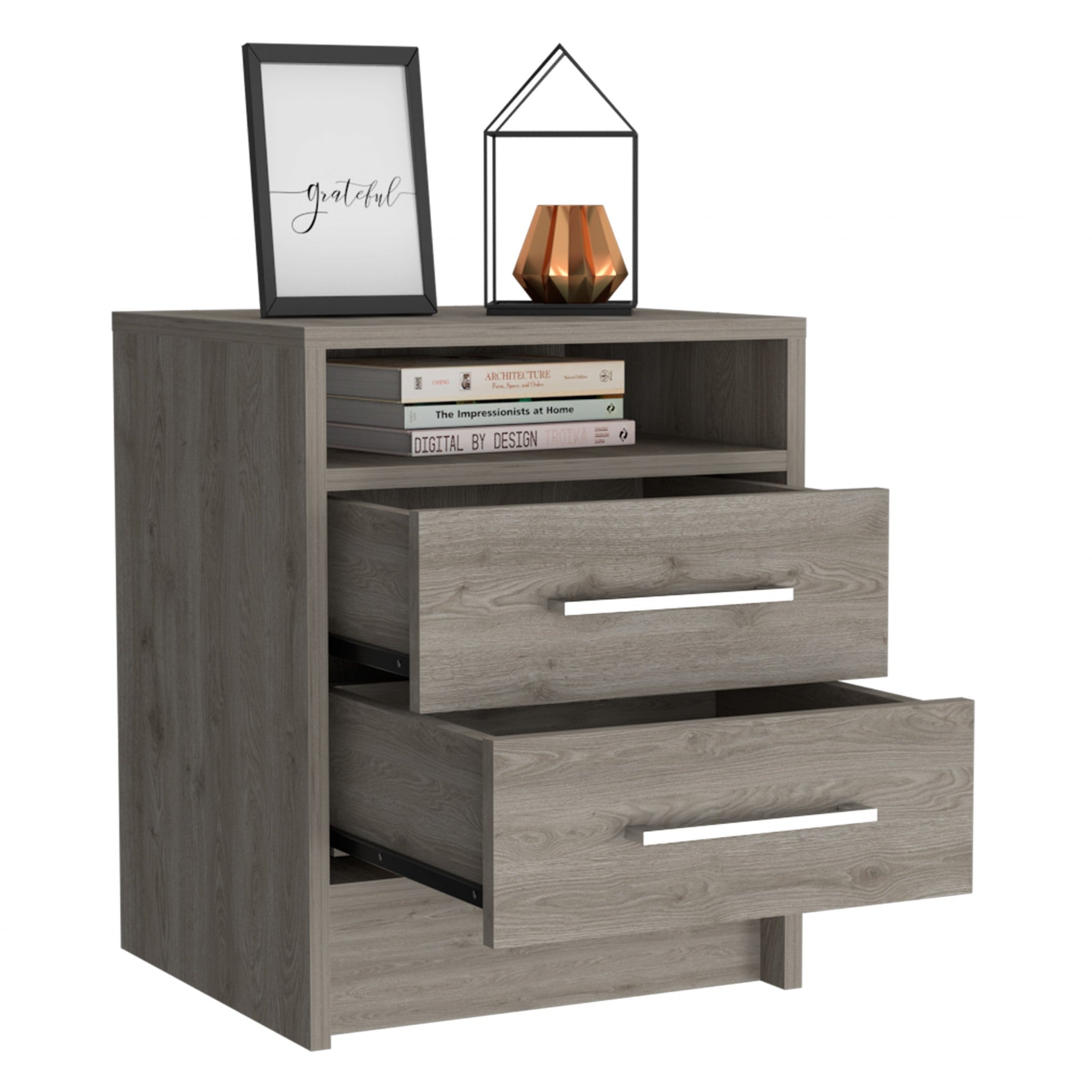 Light Grey Open Compartment Two Drawer Nightstand