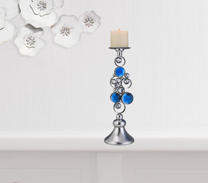 Set Of Two Silver and Blue Bling Tabletop Pillar Candle Holders