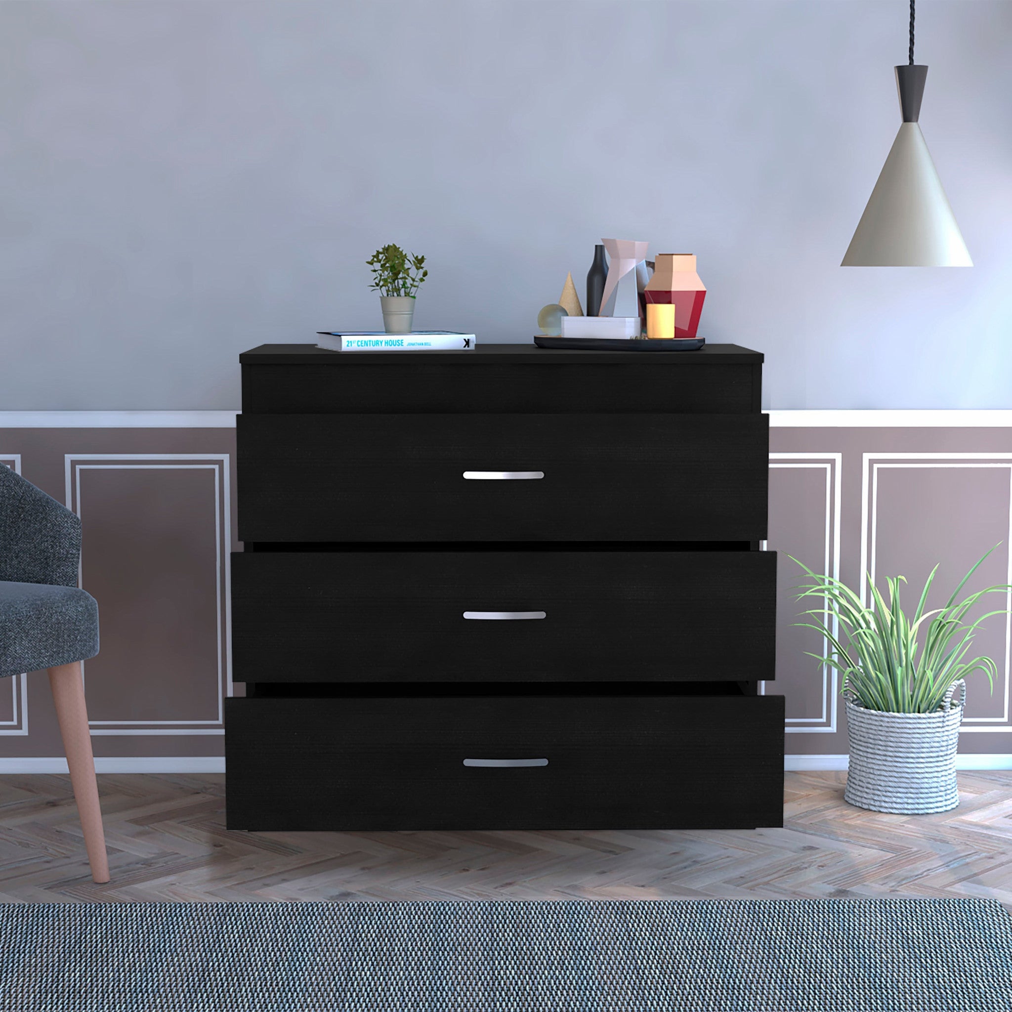 29" Black Three Drawer Dresser