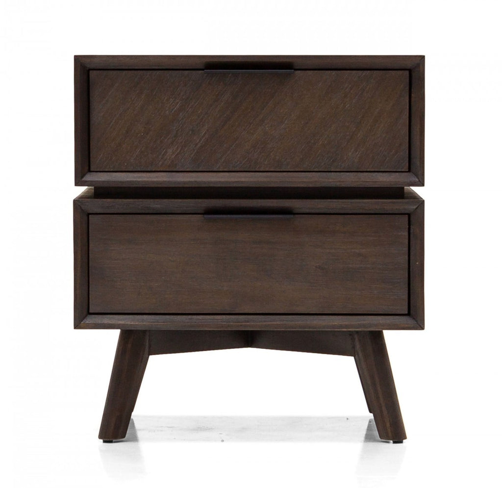 Mid Century Acacia Nightstand with Two Drawers and Black Metal Handles - 99fab 