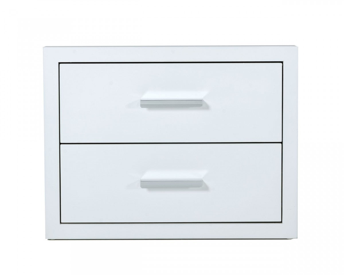 Modern Glossy White Box Nightstand with Two Drawers