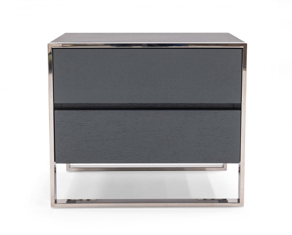 Modern Gray and Stainless Steel Nightstand With Two Drawers