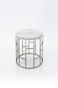 Stylish Silver And White Marble Round Geometric End or Side Table