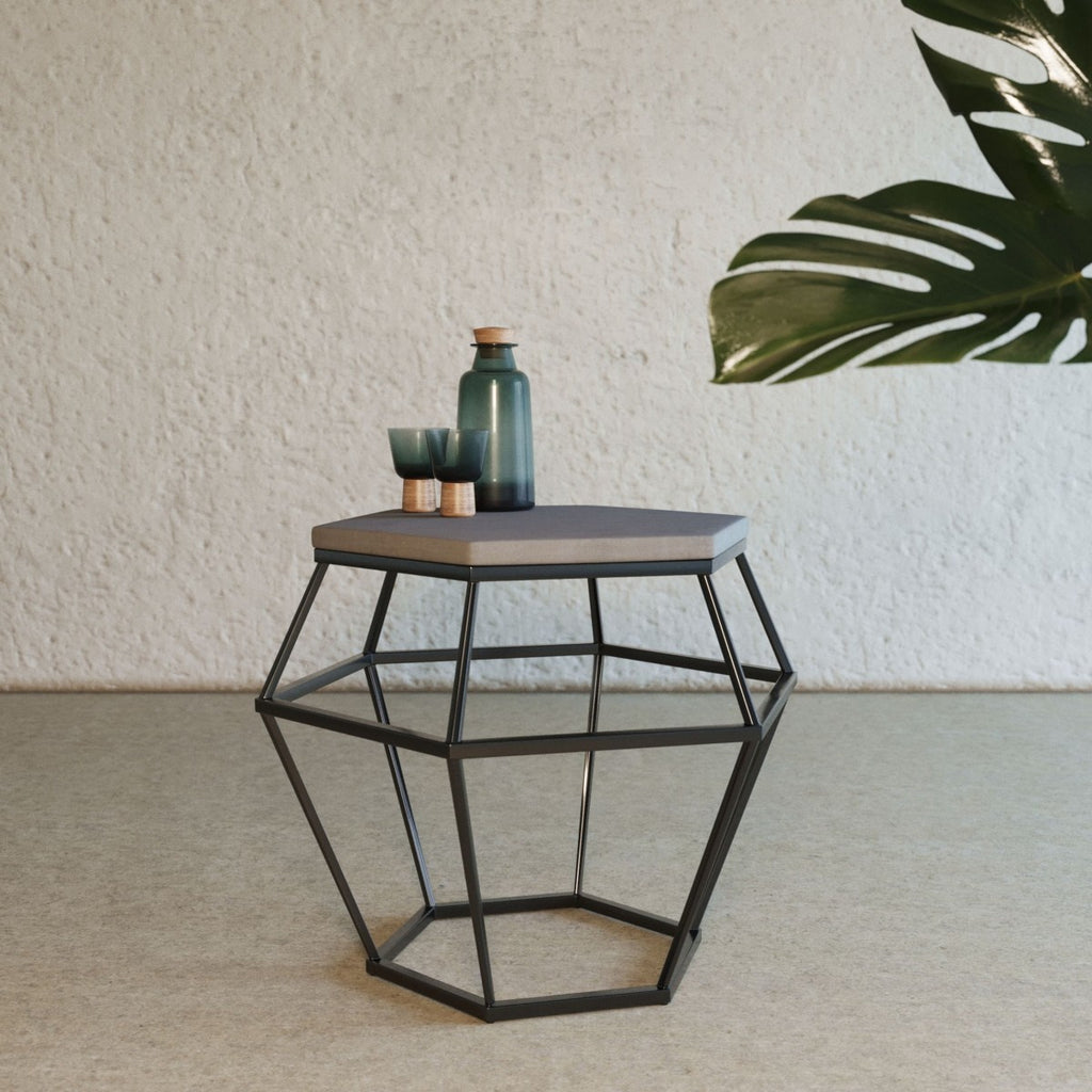 Modern Gray Concrete and Black Metal Hexagonal End Table - 99fab 