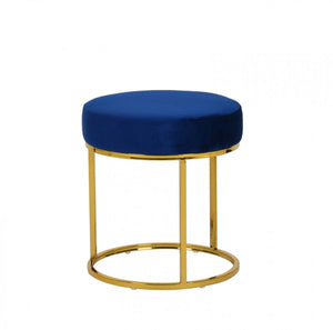 16" Blue Velvet And Gold Round Footstool Ottoman