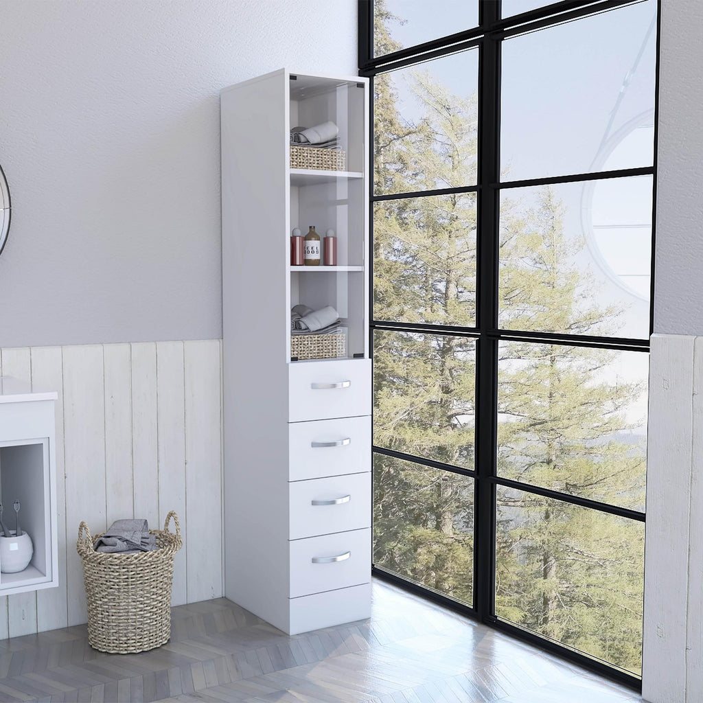 White Bathroom Storage Cabinet with Glass Door and Sliding Drawers - 99fab 