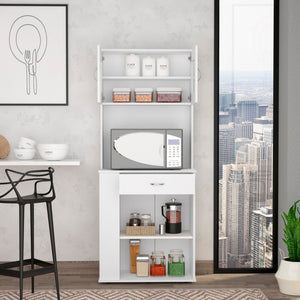 White Pantry Cabinet with Two Door Panels and Side Open Shelves