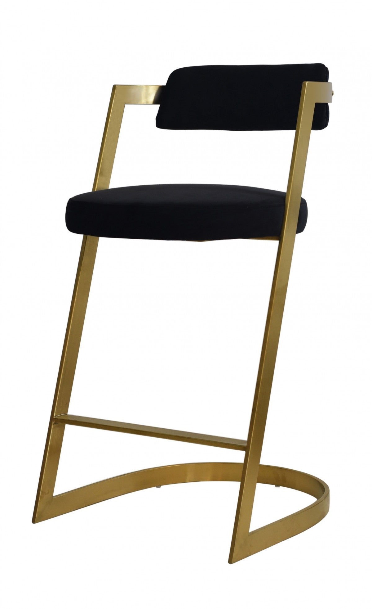 36" Black And Gold Velvet And Stainless Steel Low Back Counter Height Bar Chair With Footrest