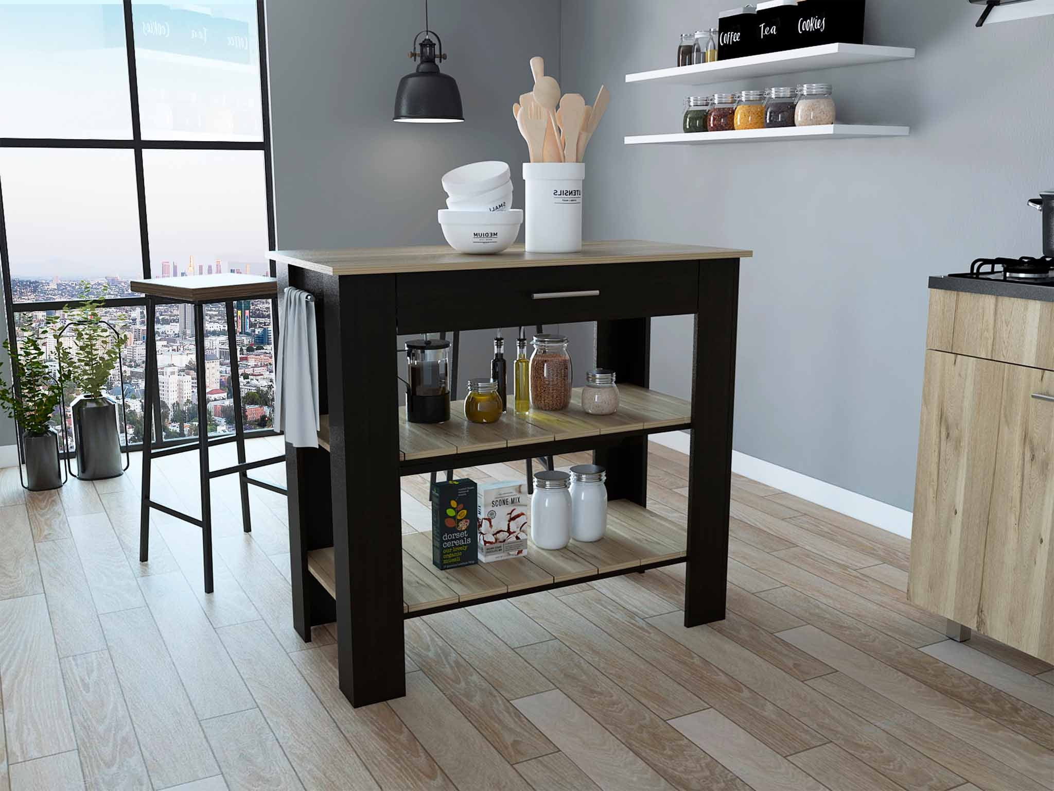 Light Oak and Black Kitchen Island with Drawer and Two Open Shelves