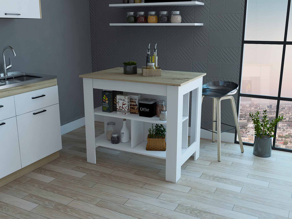 Light Oak and White Kitchen Island with Three Storage Shelves - 99fab 