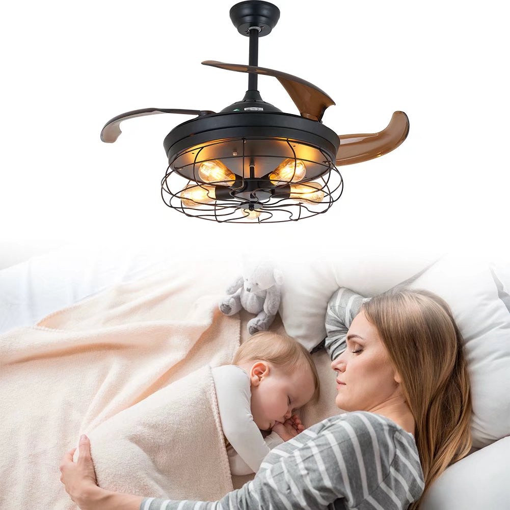 Industrial Caged Ceiling Lamp And Retractable Fan - 99fab 