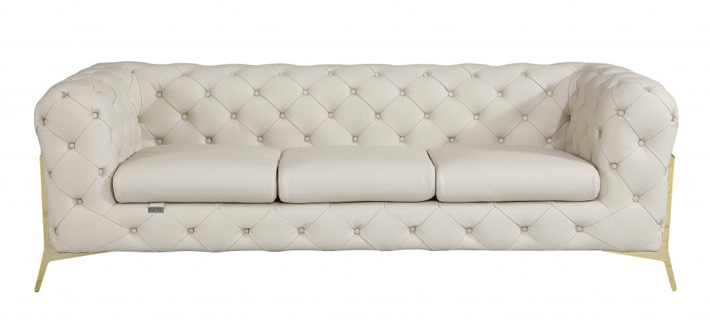 93" Beige Genuine Button Tufted Leather Standard Sofa