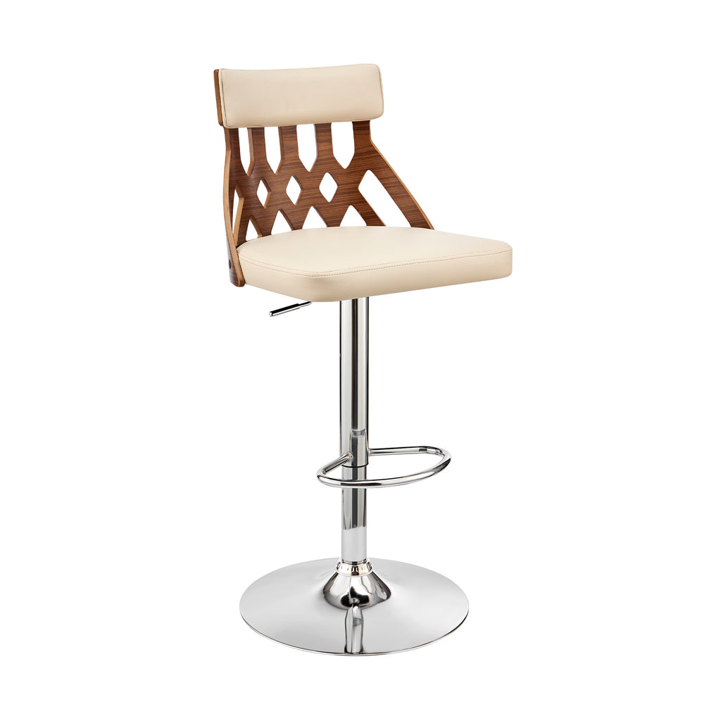 Adjustable Cream Faux Leather and Walnut Lattice Bar Stool - 99fab 