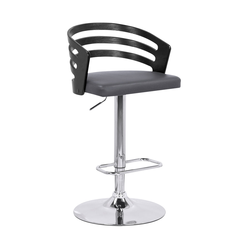 Gray Faux Leather Black Wood and Chrome Adjustable Swivel Bar Stool - 99fab 