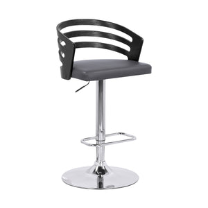 Gray Faux Leather Black Wood and Chrome Adjustable Swivel Bar Stool