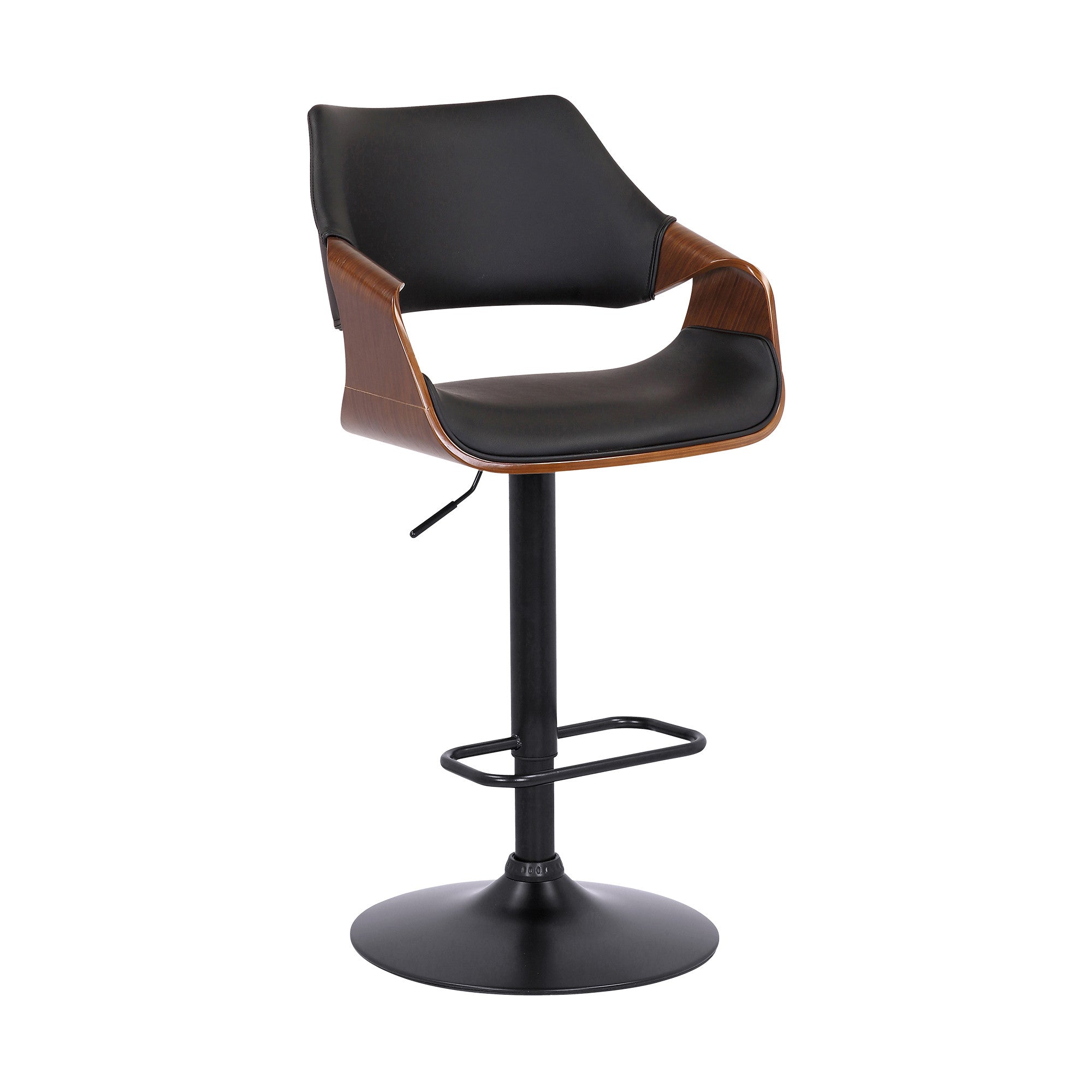 Black Faux Leather and Walnut Wood and Black Swivel Adjustable Bar Stool