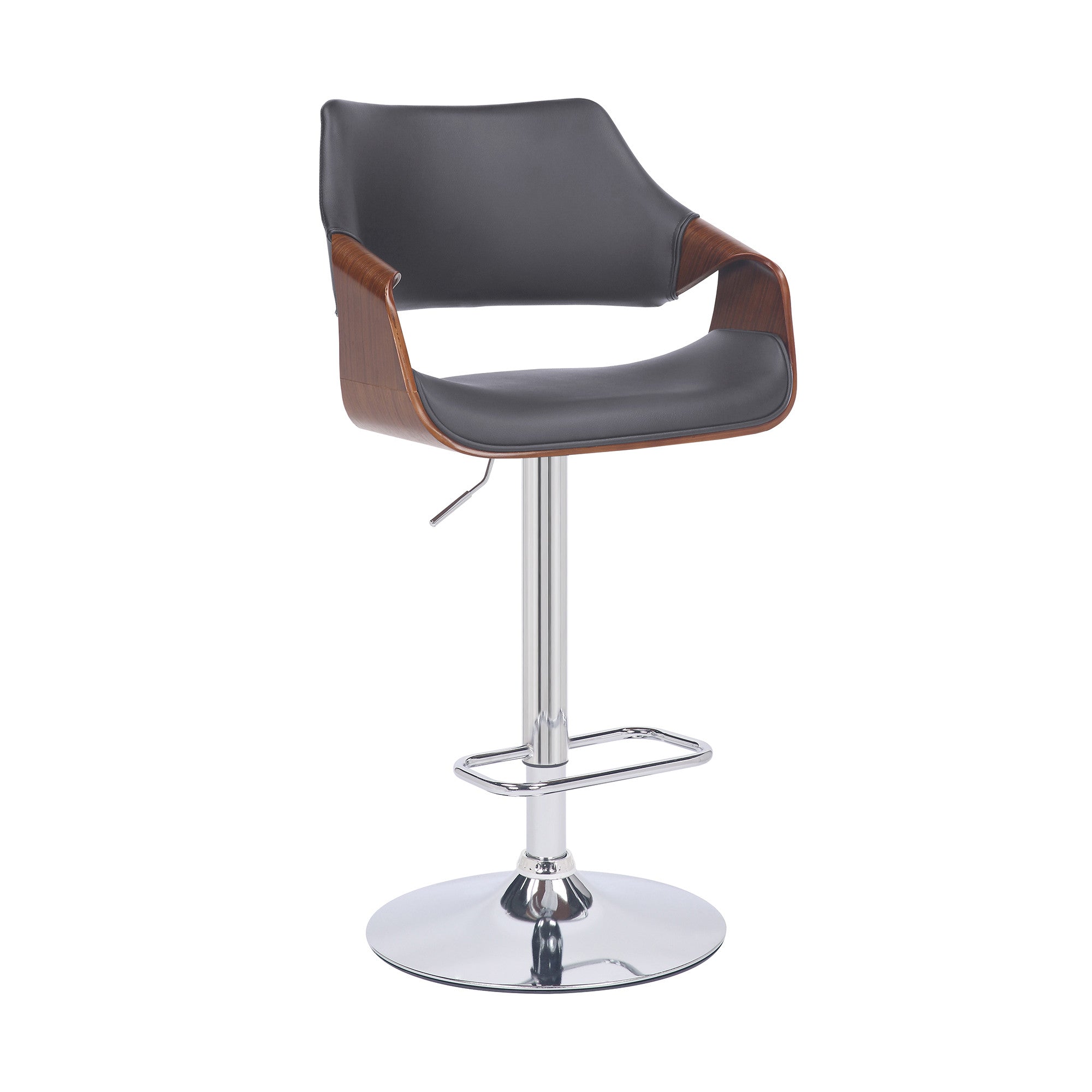 Grey Faux Leather and Walnut Wood and Chrome Swivel Adjustable Bar Stool