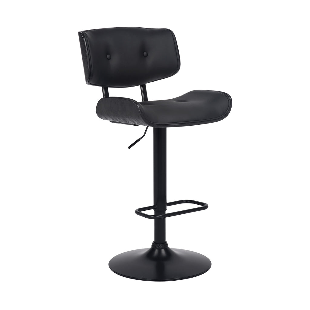 Adjustable Black Tufted Faux Leather and Black Wood Swivel Barstool. - 99fab 