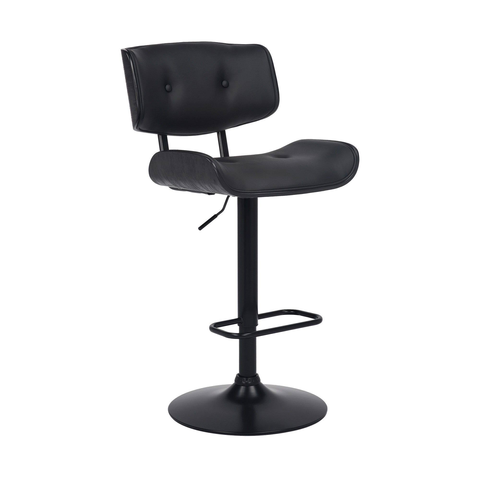 Adjustable Black Tufted Faux Leather and Black Wood Swivel Barstool.