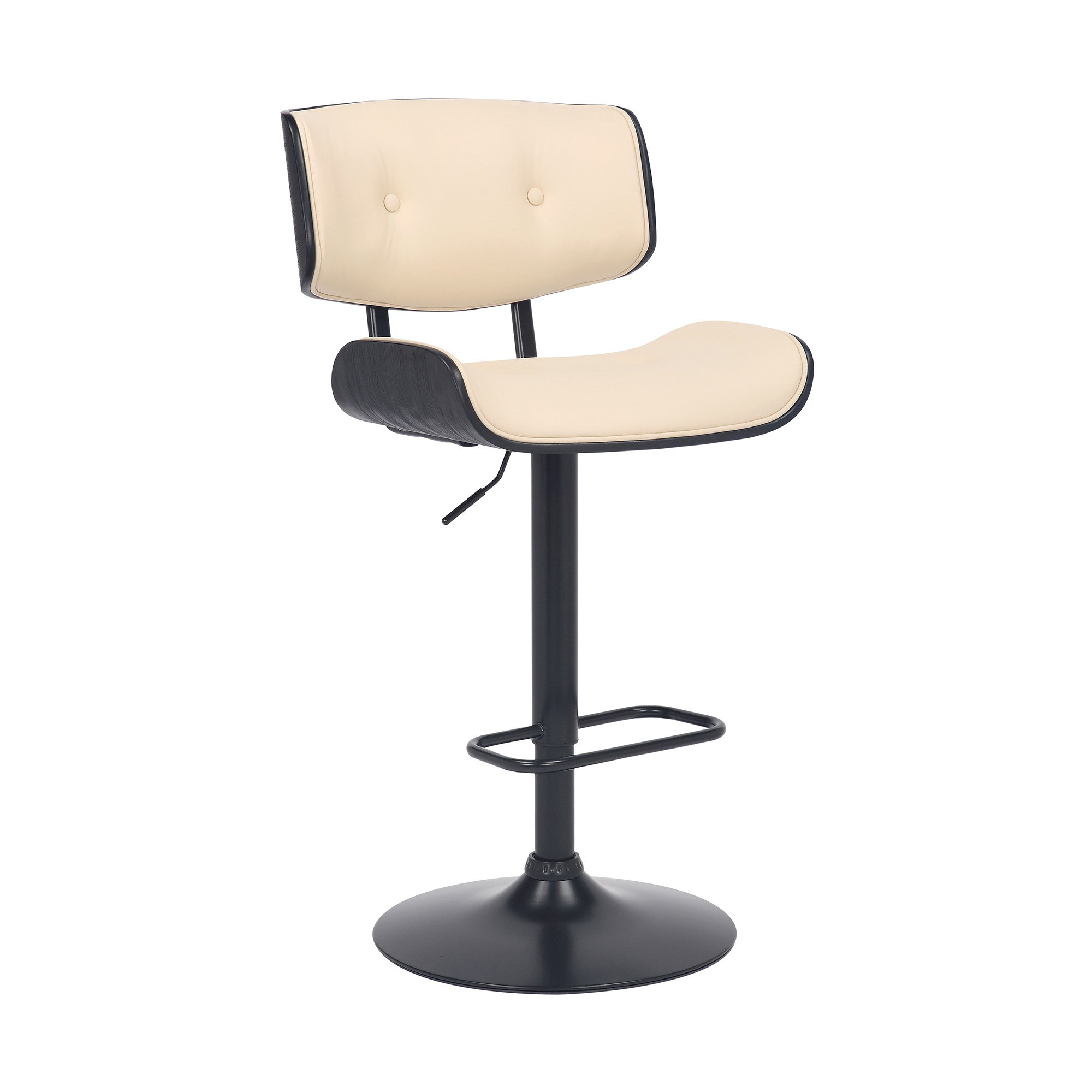 Adjustable Cream Tufted Faux Leather and Black Wood Swivel Barstool.