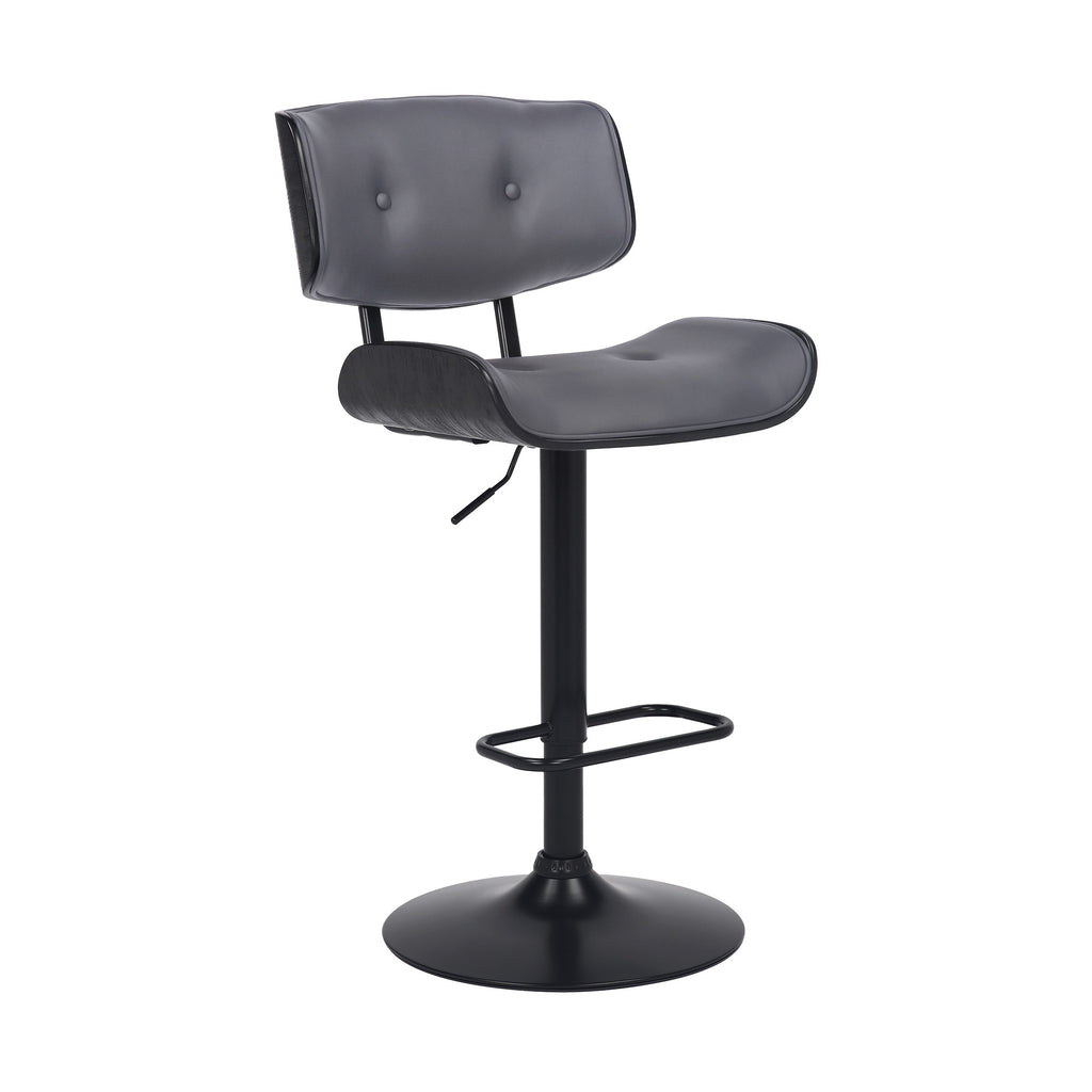 Adjustable Gray Tufted Faux Leather and Black Wood Swivel Barstool. - 99fab 