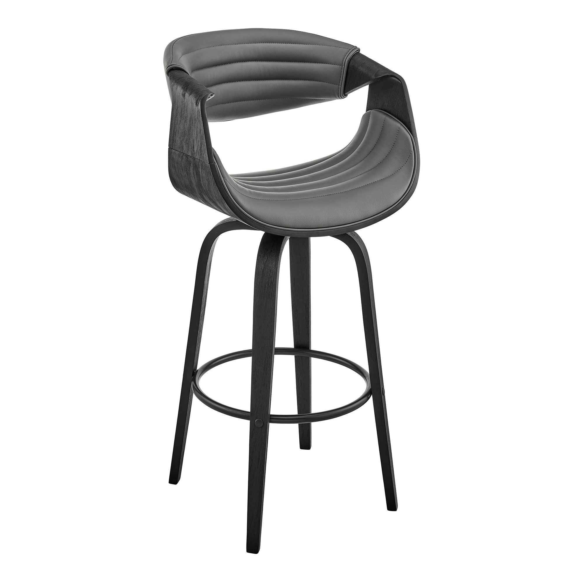 30" Grey Faux Leather and Black Wood Retro Chic Bar Stool