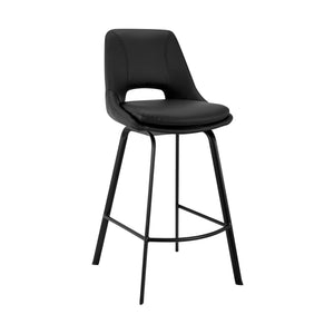 30" Elegant Black Faux Leather and Black Metal Armless Swivel Bar Stool