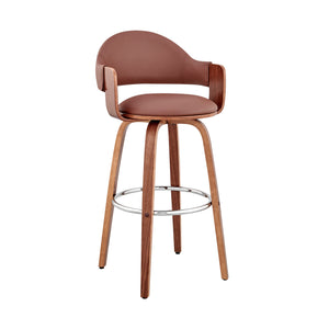 26" Rich Brown Faux Leather Walnut Wood Bar Stool