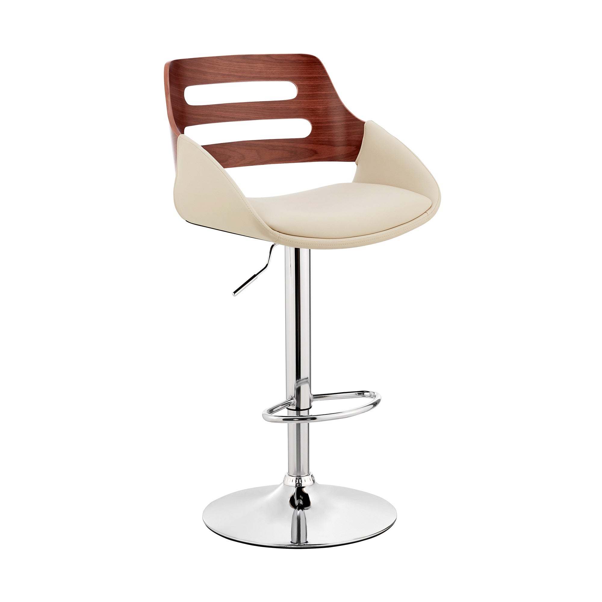 Cream Faux Leather and Walnut Wood Adjustable Bar Stool