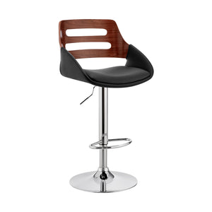 Black Faux Leather and Walnut Wood Adjustable Bar Stool