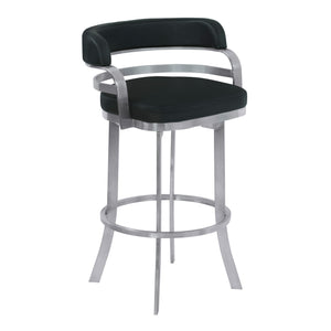 38" Black And Silver Faux Leather And Iron Swivel Low Back Bar Height Chair With Footrest