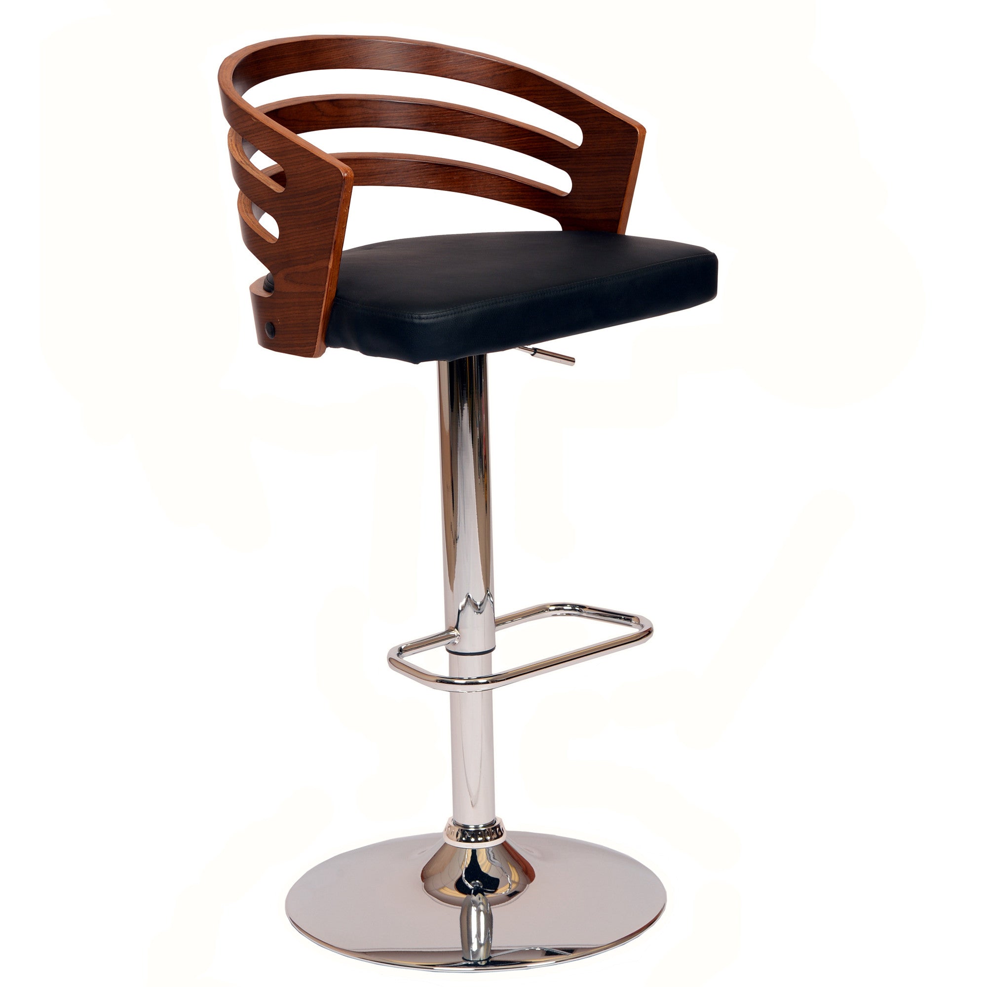 Black Faux Leather Walnut and Chrome Adjustable Swivel Bar Stool