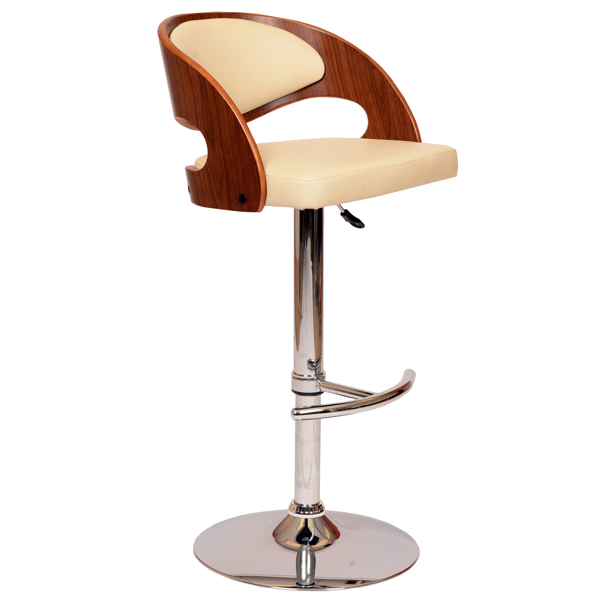 43" Cream And Brown Faux Leather And Solid Wood Swivel Low Back Adjustable Height Bar Chair With Footrest